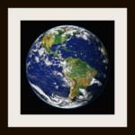 Montage of the earth with a glowing blue atmosphere and the moon in one frame.